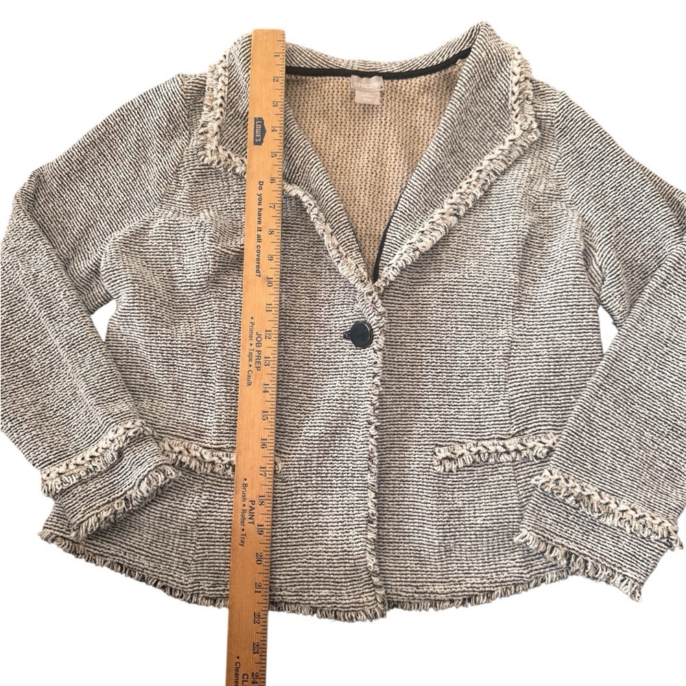 Chico's Chic Black and White Textured Blazer frayed neutral casual - Picture 5 of 8